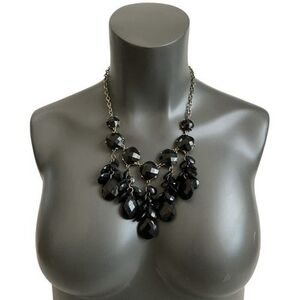 Black Faceted Bib Statement Necklace 19.5"-22.5" VG